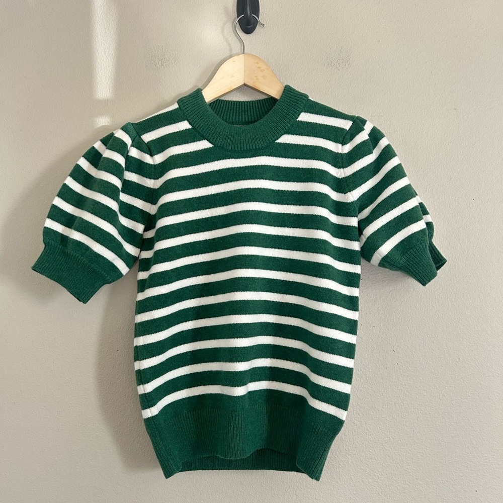 Addison Bay XXS Green & White Striped Locust Short Sleeve Active Sweater NWT